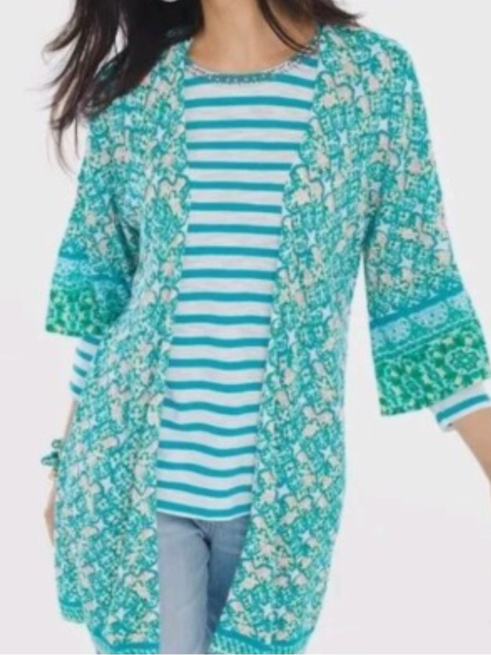 Chico's Teal & White Patterned Kimono